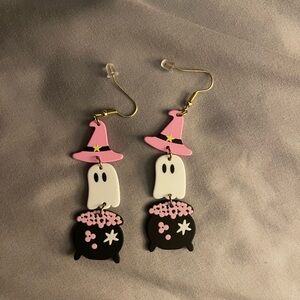 Pink and Black Ghost Cauldron Earrings
